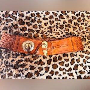 Vintage Brown Leather Belt with Unique Buckle